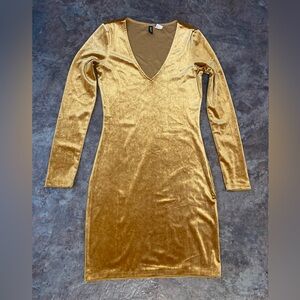 H&M Gold Long Sleeve V-Neck Bodycon Dress